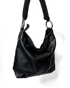 Pony hair hobo bag with nylon braided handle