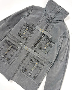 Distressed high neck collar jacket with military style studs & buckles