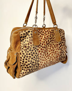 Large leopard pony hair suede bag