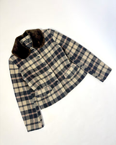 Plaid peplum wool jacket with fur collar