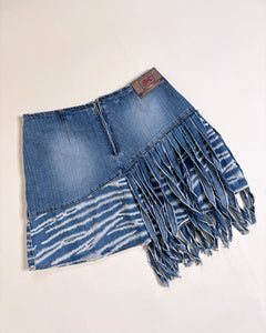 Asymmetric fringe denim mini skirt