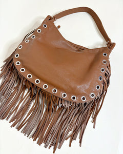 Studded Italian leather fringe boho bag