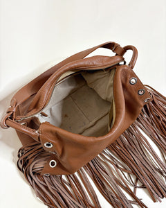 Studded Italian leather fringe boho bag