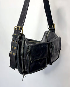 Eyelet studded leather shoulder bag
