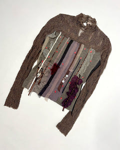 Textured ribbons & buttons lace turtleneck long sleeve top