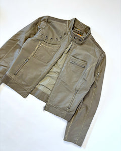 Grommet studded khaki leather moto jacket