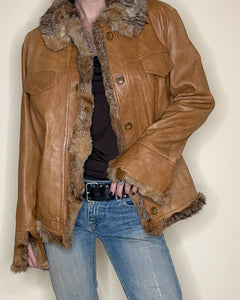 Fur trim asymmetric leather jacket