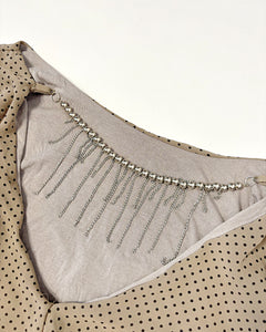 Drapey polkadot top with fitted wide waist