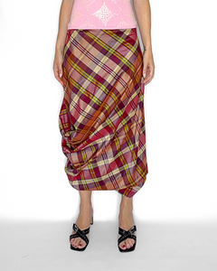 Plaid asymmetric balloon maxi skirt