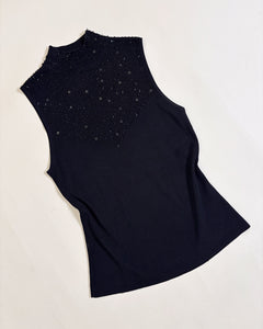 Pearl embroidered sleeveless mock neck top