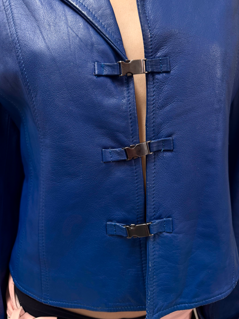 S0105 cobalt blue leather jacket with metal closures