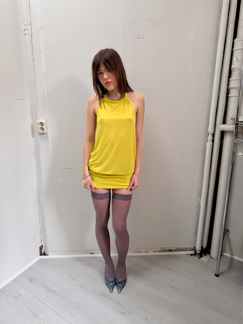 s0126 neon yellow mini dress with dropped waist