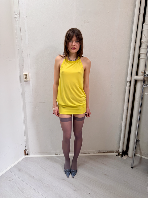 s0126 neon yellow mini dress with dropped waist