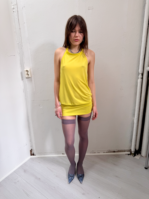 s0126 neon yellow mini dress with dropped waist