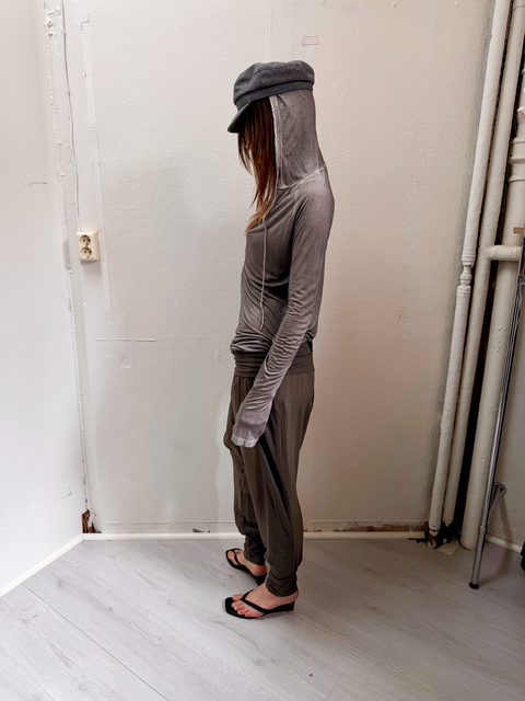 s0109 grey draped silk hood top