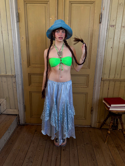 1980's light blue satin lace panel maxi skirt