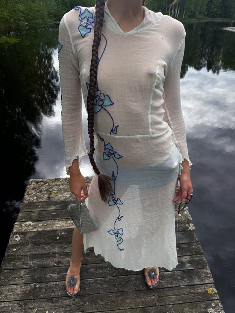 1990's beaded mesh hooded dress