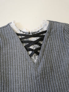Rib knit lace detail top