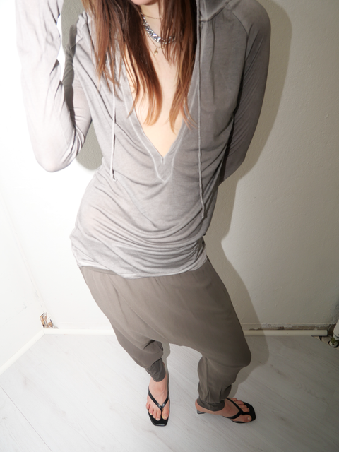 s0109 grey draped silk hood top