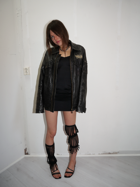 S0158 worn leather biker jacket