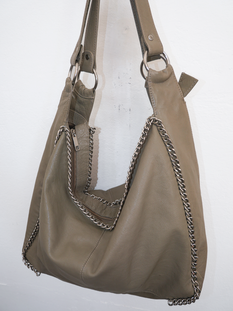 S0164 grey leather chained hobo bag