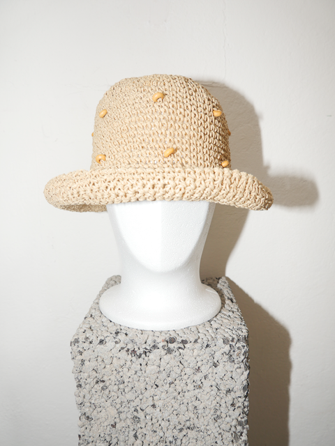 1990's woven straw hat with wooden bead details