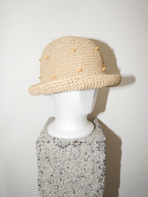 1990's woven straw hat with wooden bead details