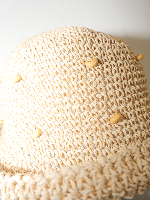 1990's woven straw hat with wooden bead details