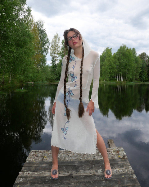 1990's beaded mesh hooded dress