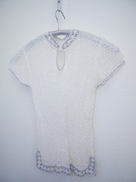 1980's mandarin viscose crochet top