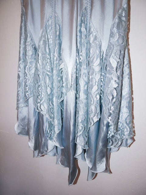1980's light blue satin lace panel maxi skirt