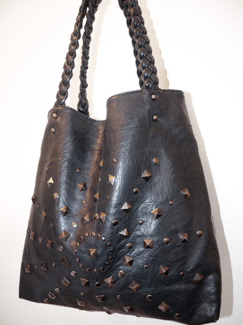 2000's black studded leather hobo bag